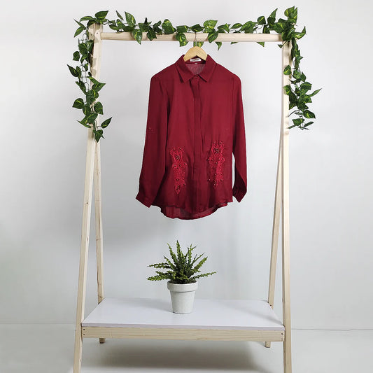 Maroon Embroidery Roll Tab Sleeve Shirt